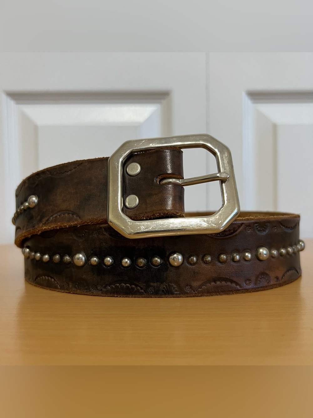 Jeff Gallea Distressed Brown Studded Leather Belt Silver Buckle Large Vtg Y2K